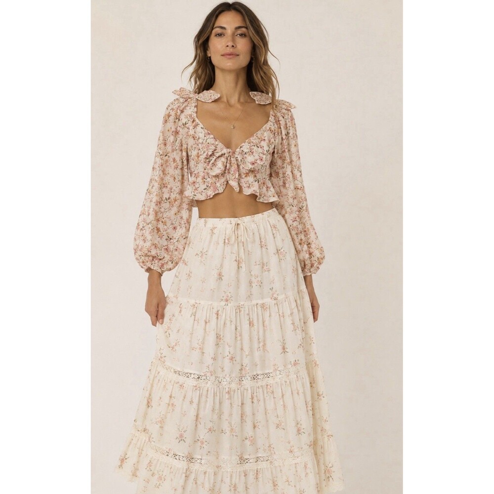 Tularosa Revolve Peasant Top Floral Tie Boho Romantic Long Sleeve Sz S